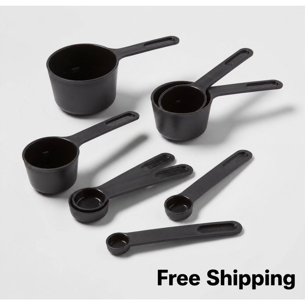Room Essentials Plastic Measuring Cup & Spoon Set 8 Pc Black NEW